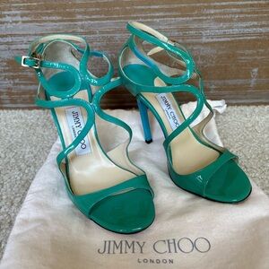 Jimmy Choo Lang Patent Leather Heeled Sandals Blue Preppy Classic Womens 6